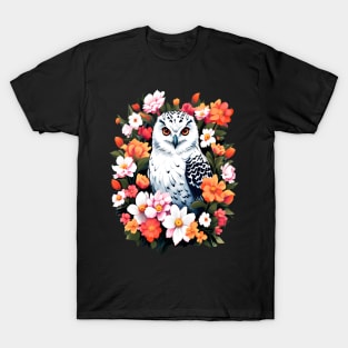 Cute Snowy Owl Surrounded by Bold Vibrant Spring Flowers T-Shirt